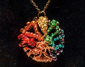 Rainbow tree of life wire necklace