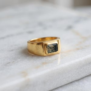 Puede incluir: Un anillo de tono dorado con un engaste rectangular. El centro del anillo contiene una piedra lisa y plana con una base gris pálido translúcida y unas inclusiones oscuras y ramificadas que parecen árboles.
