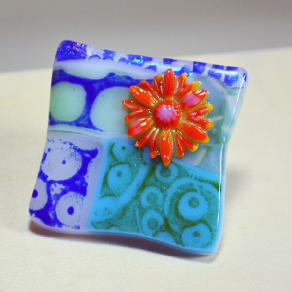 Fused Glass Knob, Handmade Drawer Pull, Flower Knob, OOAK, Decorative Glass Hardware