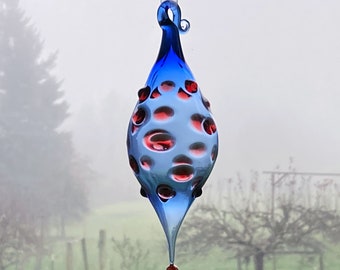 glass ornament hand blown blue red dotted