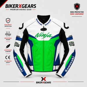 Può includere: Una giacca da moto bianca, verde e blu con la scritta Ninja sul petto e Kawasaki sul colletto e sulle maniche. La giacca presenta toppe Team Green sulle spalle, una chiusura frontale con cerniera e dettagli neri sui lati.