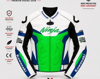 Könnte beinhalten: Eine weiß-grün-blaue Motorradjacke mit dem Schriftzug Ninja auf der Brust und Kawasaki am Kragen und an den Ärmeln. Die Jacke verfügt über Team Green-Aufnäher an den Schultern, einen Frontreißverschluss und schwarze Akzente an den Seiten.