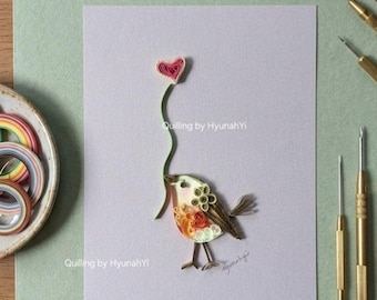 Handmade Quilled Bird Card, Robin with Heart, Wedding Greeting (11x15cm)