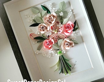 Paper Quilling Art by Hyunah Yi/ Rose/baby breath/eucalyptus bouquet/wedding/Anniversary/Birthday Gift/Botanical art