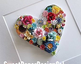 Original Art by Hyunah Yi/Framed Paper Quilling Art: Botanical Flower Heart Gift