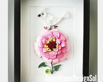 Original Art by Hyunah Yi/Zinia flower Art/white bird/Unique Gift/Anniversary,mother's day/birthday/Botanical art