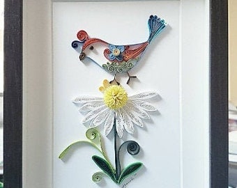 Paper Quilling Original Art by Hyunah Yi/Nursery decor/Handmade art/ Flower bird with daisy/Any Occasion. Birthday gift