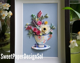 Paper quilling Art by Hyunah Yi/Tea cup flower Art/Kitchen wall art/Mother's day/Anniversary/Birthday gift/Botanical