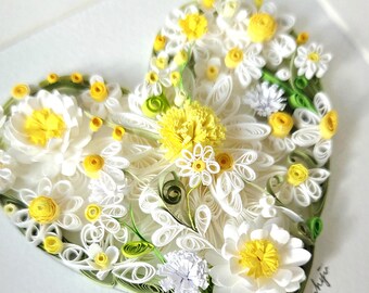Original Art by Hyunah Yi/Framed Paper Quilling Art: Botanical Flower Heart Gift.Daisy flower