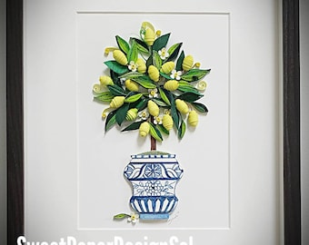 Paper Quilling Art/Original Art by Hyunah Yi/Pomegranate,lemon tree/Kitchen Wall art/Botanical wall art/Paper art/Blue white pot/Jewish gift