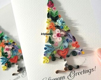 Handmade Paper Quilling Christmas Card: Floral Tree Design (11x15cm)