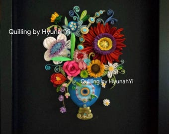 Original Art by Hyunah Yi/Handmade Quilled Art/Floral Design/Blue gold vase