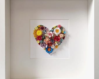 Original Art by Hyunah Yi/Framed Paper Quilling Art: Botanical Flower Heart Gift.Daisy flower