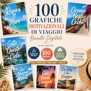 Può includere: Un pacchetto digitale di 100 immagini grafiche a tema viaggio con paesaggi, camper e testi motivazionali in italiano. La collezione include varie scene tropicali, costiere e vanlife in formato 1080x1350 pixel.