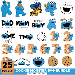 May include: A collection of 25 digital graphic designs featuring the blue Cookie Monster character, various numbers styled as chocolate chip cookies, and text phrases including "DAD OF THE BIRTHDAY BOY," "MOM OF THE BIRTHDAY BOY," and "Are you making cookies!"