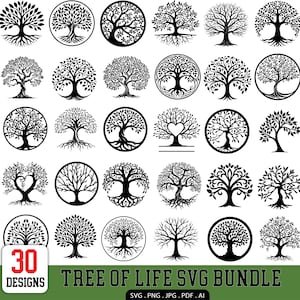 Peut inclure: Une collection numérique de 30 illustrations d'arbres de vie en noir et blanc présentant divers motifs de branches et de racines, certains encadrés dans des cercles. Le texte 30 DESIGNS TREE OF LIFE SVG BUNDLE SVG . PNG . JPG . PDF . AI est visible.