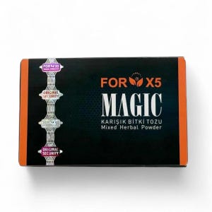 Puede incluir: Una caja rectangular negra con bordes laterales naranjas etiquetada como FOR X5 MAGIC KARIŞIK BITKI TOZU Mixed Herbal Powder. Una franja de seguridad holográfica plateada vertical recorre el lado izquierdo con el texto FOR X5 y ORIGINAL SECURITY.