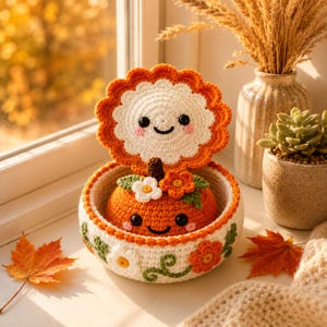 Virkmönster för Amigurumi-prydnadsask med pumpablomma (PDF-nedladdning)