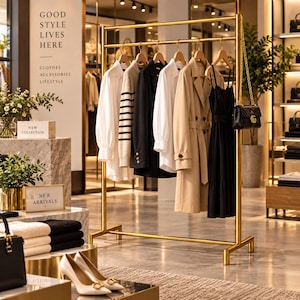 Könnte beinhalten: Ein goldener Kleiderständer aus Metall präsentiert eine weiße Bluse, einen gestreiften Pullover, einen schwarzen Blazer, eine weitere weiße Bluse, einen beigen Trenchcoat und ein schwarzes Kleid mit Spaghettiträgern. Eine schwarze Tasche hängt seitlich.