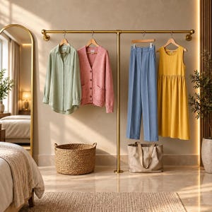 May include: A gold metal clothing rack holds a light green button-down shirt, a pink knit cardigan, blue trousers, and a yellow sleeveless dress. A woven basket sits on the floor below the rack, next to a beige canvas tote bag.