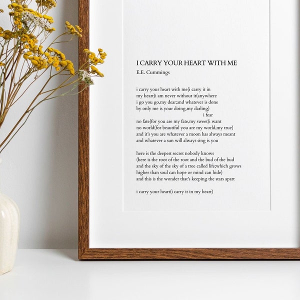 EE Cummings I Carry Your Heart With Me Poem Wall Art Valentines Day Gift Book Lover Gift Literature Poster Literary Quotes Poetry Art Print