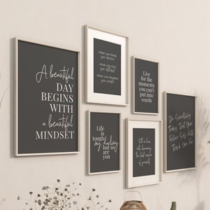 Dark Grey Wall Art Set of 6 Prints, Inspirational Wall Art for Workplace, Positive Quote About Life, Motivational Office Gallery Wall Bundle