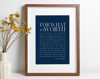 F Scott Fitzgerald Quote For What It's Worth Fitzgerald Print Literature Quote Wall Art Inspirational Quote About Life Literary Gift Student