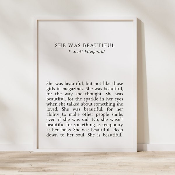 F Scott Fitzgerald Quote She Was Beautiful Fitzgerald Print Literary Quote Wall Art Quote About Life Fitzgerald Digital Download Quote Print