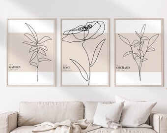 Floral Line Art Prints, 3 Piece Wall Art, Set of 3 Neutral Plant Prints, Minimalist Botanical Wall Decor, Bedroom Wall Art Over The Bed