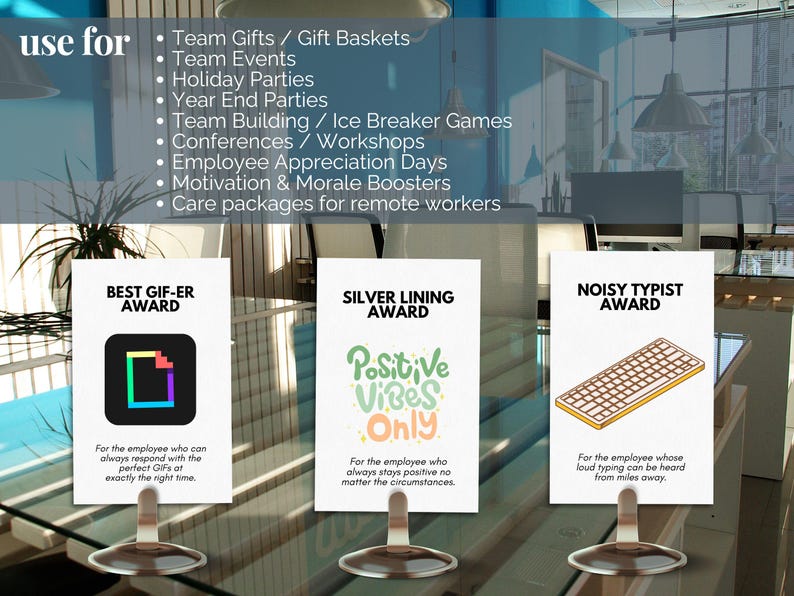 May include: Three award plaques with colorful illustrations and text. The first plaque is titled "Best Gif-er Award" and features a pixelated image of a gift. The second plaque is titled "Silver Lining Award" and features a green and white illustration of the phrase "Positive Vibes Only". The third plaque is titled "Noisy Typist Award" and features a cartoon illustration of a keyboard.