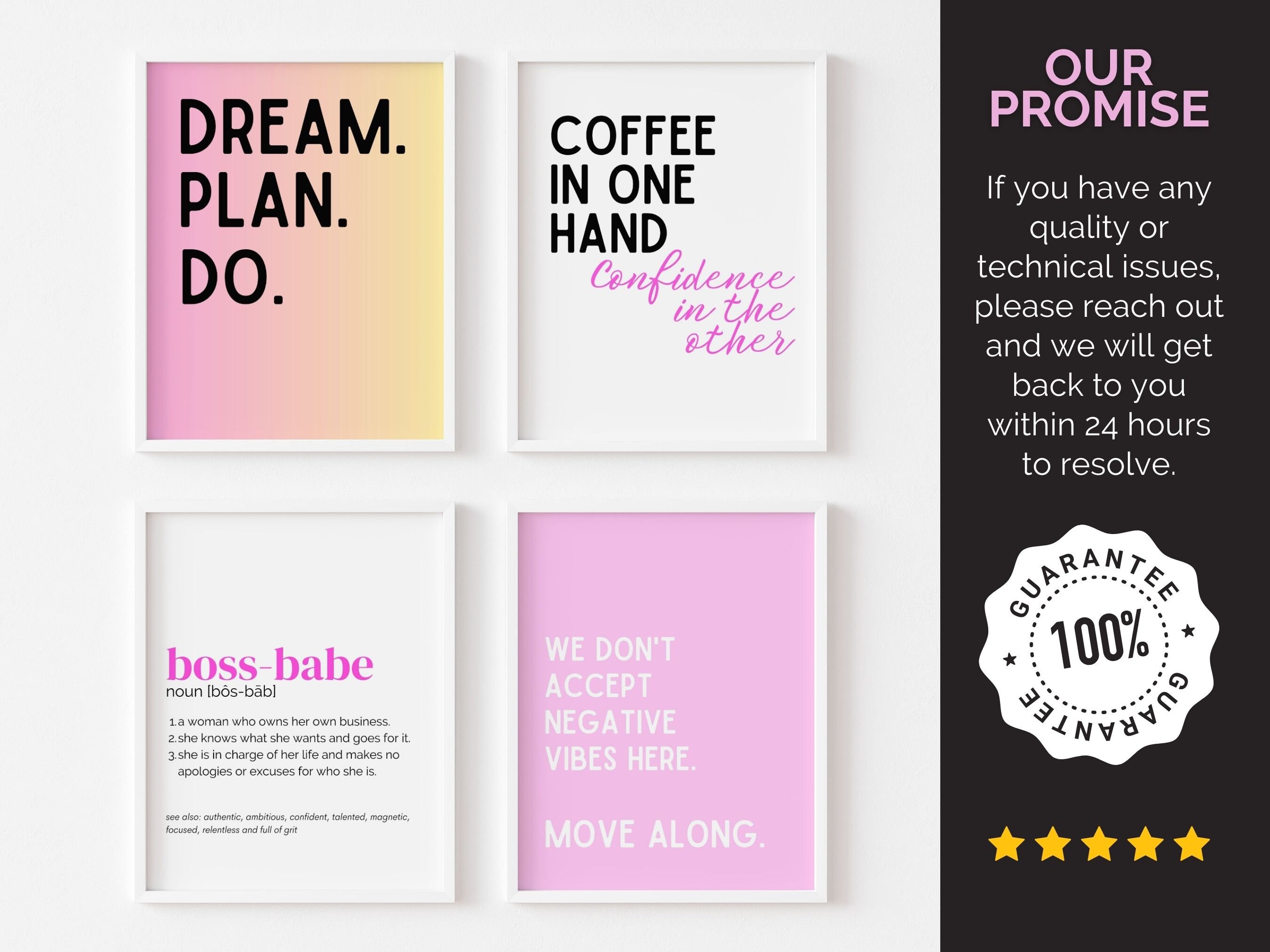 Stay Positive Framed Wood Wall Art Set Of 3 - Pink Flowers Inspirational Sign For Office Living Room Bedroom