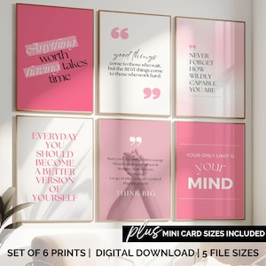 Hot Pink Wall Art Print Set of 6 Feminine Office Wall Decor Pink Aesthetic Posters Inspirational Pink Prints Girly Inspiring Quote Prints