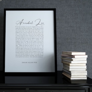 Pu&ograve; includere: Una stampa incorniciata in bianco e nero di una poesia intitolata "Annabel Lee" di Edgar Allan Poe. La poesia racconta una storia d'amore ambientata in un regno sul mare.