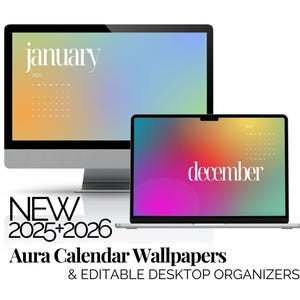Aura Desktop Wallpaper with 2026 Monthly Calendar Editable Desktop Organizers Aesthetic Gradient Background Windows PC Macbook Backgrounds