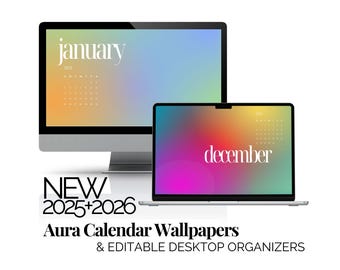 Aura Desktop Wallpaper with 2026 Monthly Calendar Editable Desktop Organizers Aesthetic Gradient Background Windows PC Macbook Backgrounds