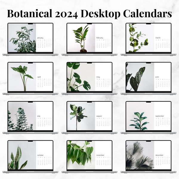 Botanical Desktop Wallpaper Calendar, 2024 Desktop Calendar, Nature Computer Background Calendar, Desktop Organizer, Botanical Office Decor