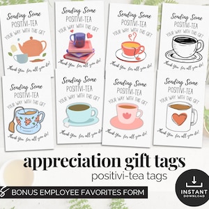 Étiquette-cadeau Positivi-Tea, panier de thé, cadeau imprimable, remerciement pour le thé, remerciement pour un employé, cadeau de thé pour collègue, buveur de tisanes, carte-cadeau
