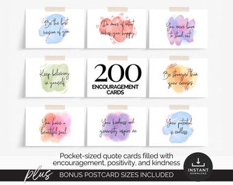 May include: A collection of 200 encouragement cards with inspirational quotes, each card featuring watercolor backgrounds and uplifting messages like "Be the best version of you." The cards are pocket-sized and include bonus postcard sizes.
