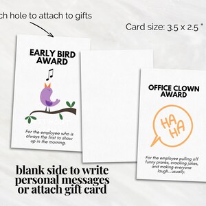 May include: Two printable award cards for office humor. The first card features a purple bird singing on a branch with the text "Early Bird Award" and "For the employee who is always the first to show up in the morning." The second card features a speech bubble with the text "HA HA" and the text "Office Clown Award" and "For the employee pulling off funny pranks, cracking jokes, and making everyone laugh...usually."