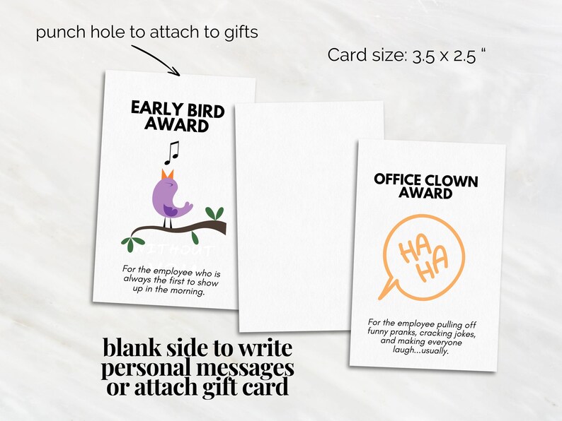 May include: Two printable award cards for office humor. The first card features a purple bird singing on a branch with the text "Early Bird Award" and "For the employee who is always the first to show up in the morning." The second card features a speech bubble with the text "HA HA" and the text "Office Clown Award" and "For the employee pulling off funny pranks, cracking jokes, and making everyone laugh...usually."