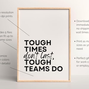 May include: A framed print with the text "TOUGH TIMES don't last, TOUGH TEAMS DO" in black against a white background. The print is in a light wood frame. The image also includes text about high resolution prints, file sizes, and customization options.
