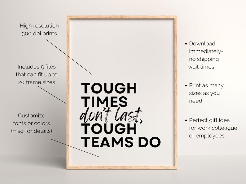 May include: A framed print with the text "TOUGH TIMES don't last, TOUGH TEAMS DO" in black against a white background. The print is in a light wood frame. The image also includes text about high resolution prints, file sizes, and customization options.