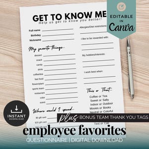 Employee Appreciation Gift Ideas Form, Staff Favorites Things List, New Employee Welcome Questionnaire, Get To Know Me Printable