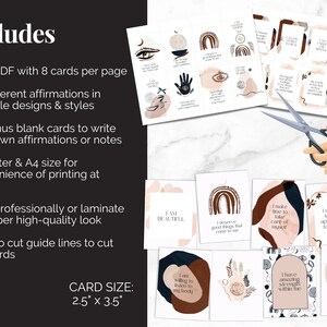 May include: Printable affirmation cards with 88 different affirmations in multiple designs and styles. The cards feature a variety of colors and patterns, including pink, brown, blue, and white. The cards are 2.5 inches by 3.5 inches and are designed to be cut out and used for self-care and positive affirmations.