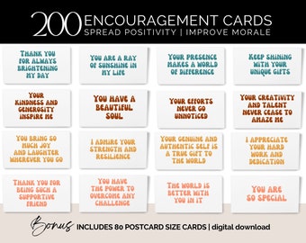 May include: A set of 200 printable encouragement cards with positive messages in a variety of colors. The cards are designed to spread positivity and improve morale. The text on the cards includes phrases like "Thank you for always brightening my day", "You are a ray of sunshine in my life", "Your presence makes a world of difference", and "Keep shining with your unique gifts".