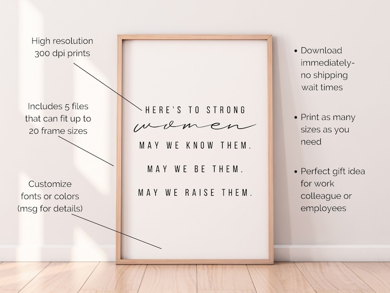 May include: A printable poster with the text "HERE'S TO STRONG women MAY WE KNOW THEM. MAY WE BE THEM. MAY WE RAISE THEM."