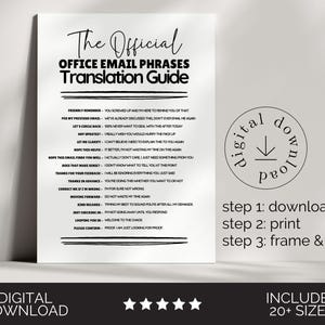 May include: A white rectangular sign with black text titled The Official Office Email Phrases Translation Guide. It lists common professional phrases and their sarcastic meanings. To the right, a circular digital download icon and instructions for downloading, printing, and framing are displayed.