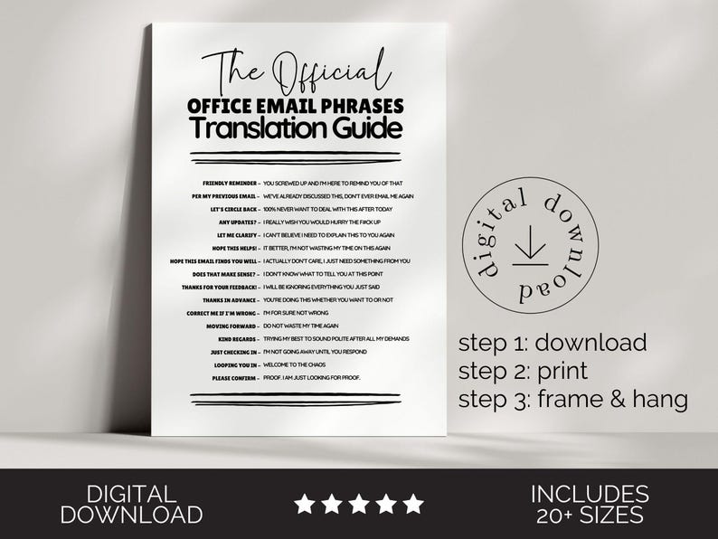 May include: A white rectangular sign with black text titled The Official Office Email Phrases Translation Guide. It lists common professional phrases and their sarcastic meanings. To the right, a circular digital download icon and instructions for downloading, printing, and framing are displayed.