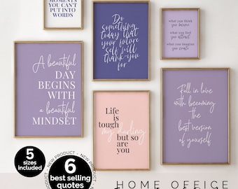 Purple Gallery Wall Decor Bundle, Purple Wall Art Print Set of 6, Feminine Office Wall Decor, Inspirational Home Office Quote Prints Purple