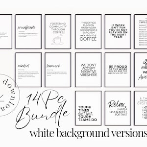 May include: A collection of 14 framed art prints with motivational quotes and definitions in black text on a white background. The prints include phrases like "teamwork" and "mindset."